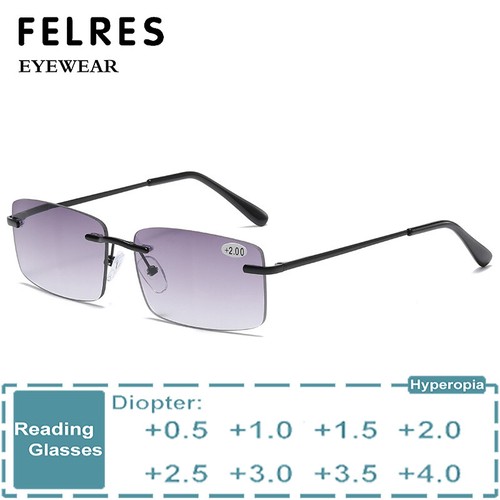 Tinted Metal Square Anti Blue Light Reading Glasses Men Classic Rimless Glasses