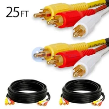 Video 3 RCA Composite 25 FT Cable Audio AV Cord Gold Plated - PACK of 2