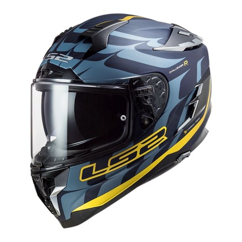 LS2 Challenger Carbon Flames Matte Blue Carbon/Gold Motorcycle Helmet-Medium