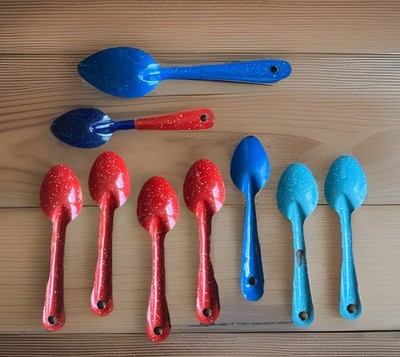 Vintage Blue & White, Red, Robins Egg, Two Tone Enamelware  Metal Spoon Lot 9 pc