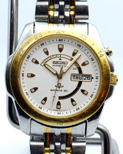 Vintage Seiko Kinetic Sports 50 Two-Tone Watch Day Date Sapphlex | New Capacitor