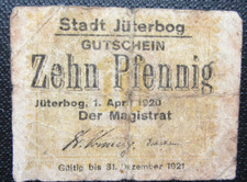 Jüterbog Gutschein 10 Pfennig 1. April 1920 sehr lange umgelaufen