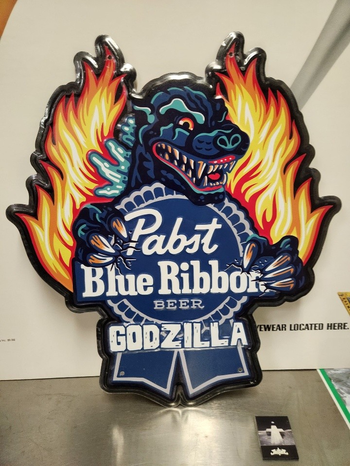 Pabst Blue Ribbon Beer Godzilla Tin Tacker Metal Display Signage Flawless NEW