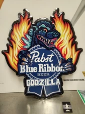 Pabst Blue Ribbon Beer Godzilla Tin Tacker Metal Display Signage Flawless NEW