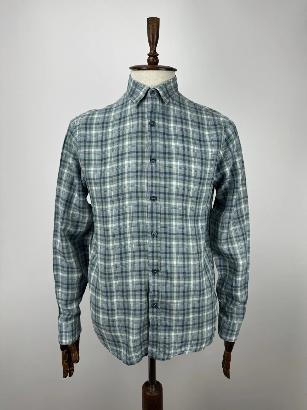 Cyrillus Men’s Linen Shirt 100% Linen Plaid Green Blue Long Sleeve Size 39 / M