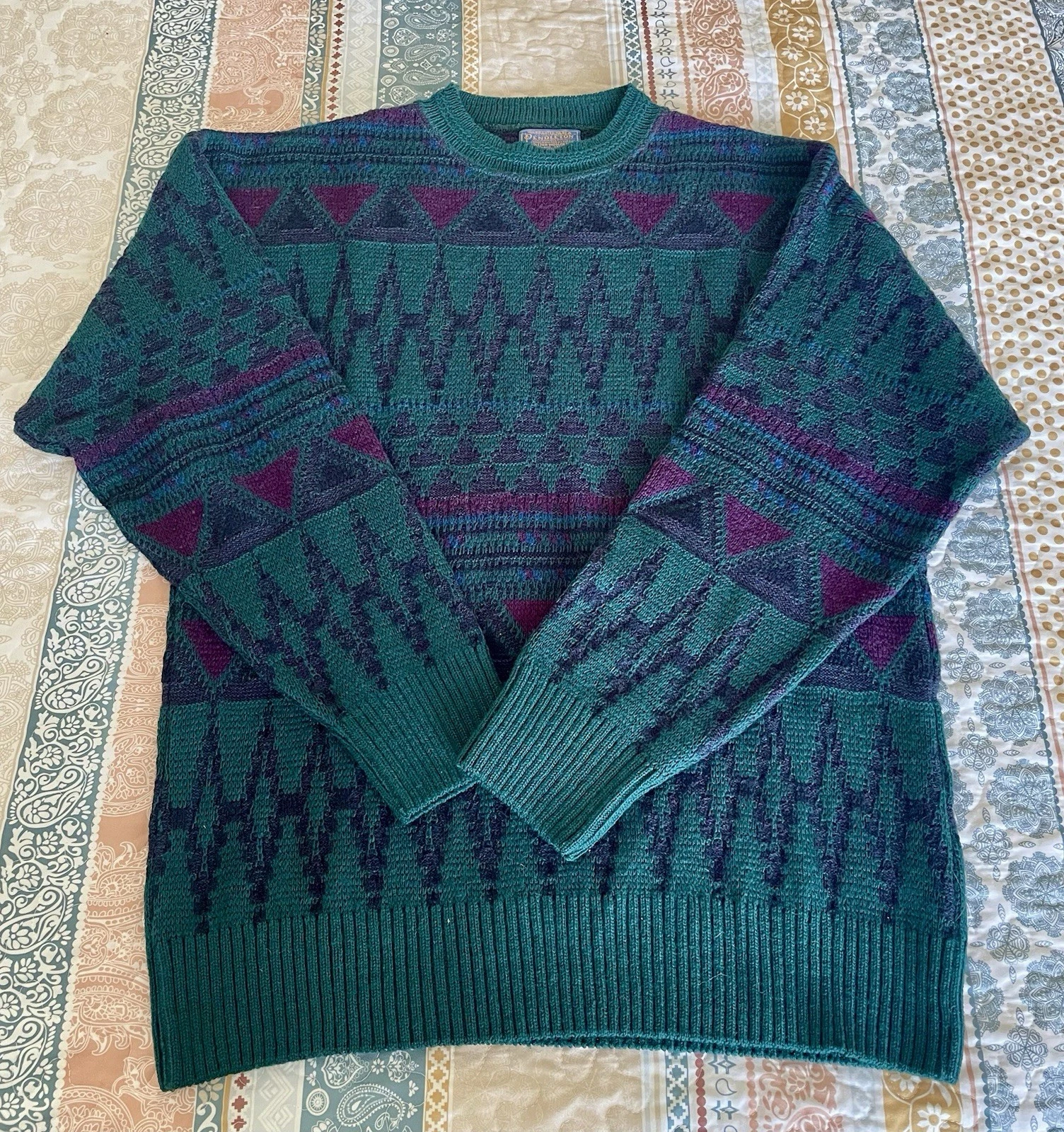 Vtg. Pendleton Sweater Blue Green Purple Geometric 100% Wool Crew Neck USA Large