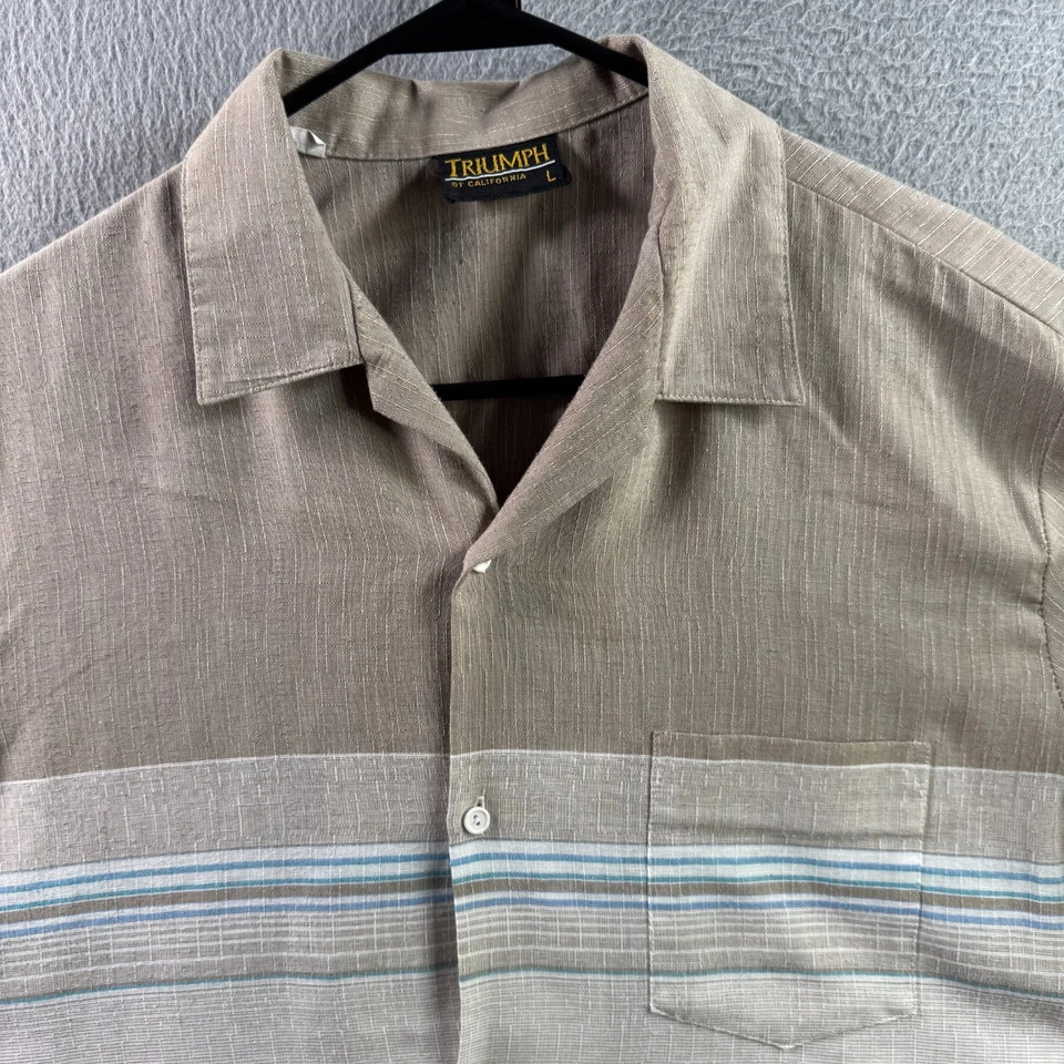 Vintage Triumph of California Shirt Mens Large Beige Polyester Camp 70s 80s — 第 2/4 张图片