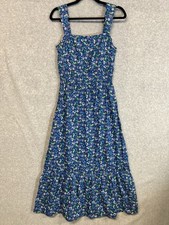 LOFT Blue Floral Smocked Midi Dress Size S Tiered Ruffle Hem Cottagecore