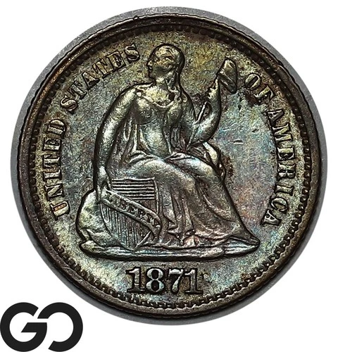 1871 Seated Liberty Half Dime, Choice AU++/Unc, Color