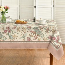 Floral Rectangular Tablecloth 60x84 Inch, Pink Birds Elegant Vintage Washable Se