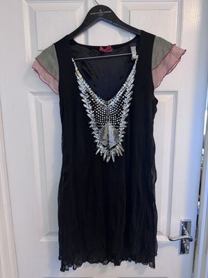 Vtg Arrogant Cat Y2K Sequin Mesh Mini Dress Black Silver Festival Indie  10