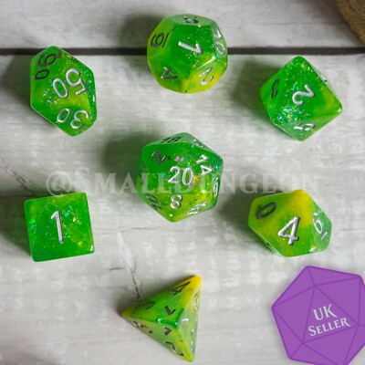 Toxicity Green Poly Würfel Set Translucent Glittery Resin RPG Würfel Set 7 Stück