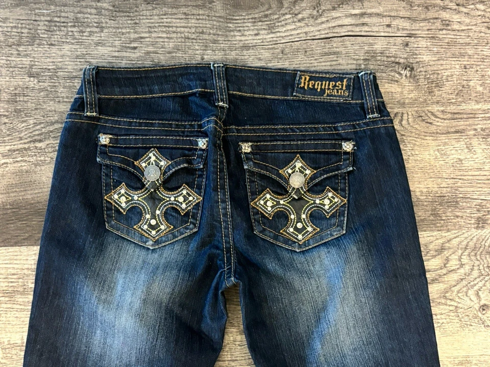 Pantalones de mezclilla para mujer Request 7 azul corte bootcut desgastado bordado 27x28 Foto 4 de 4