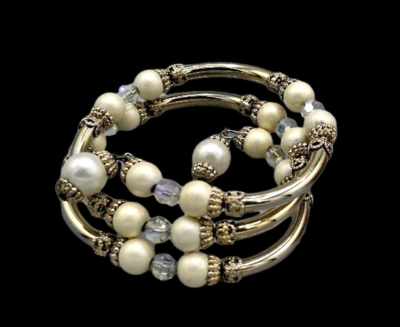 Miriam Haskell style Vintage Coil Bracelet Faux Pearls Aurora Borealis Crystals