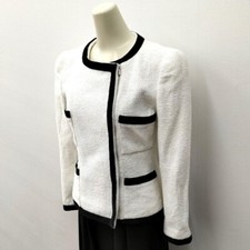 CHANEL No-collar Pile Jacket White Coco Mark Logo Button Zip Formal Work Size 36