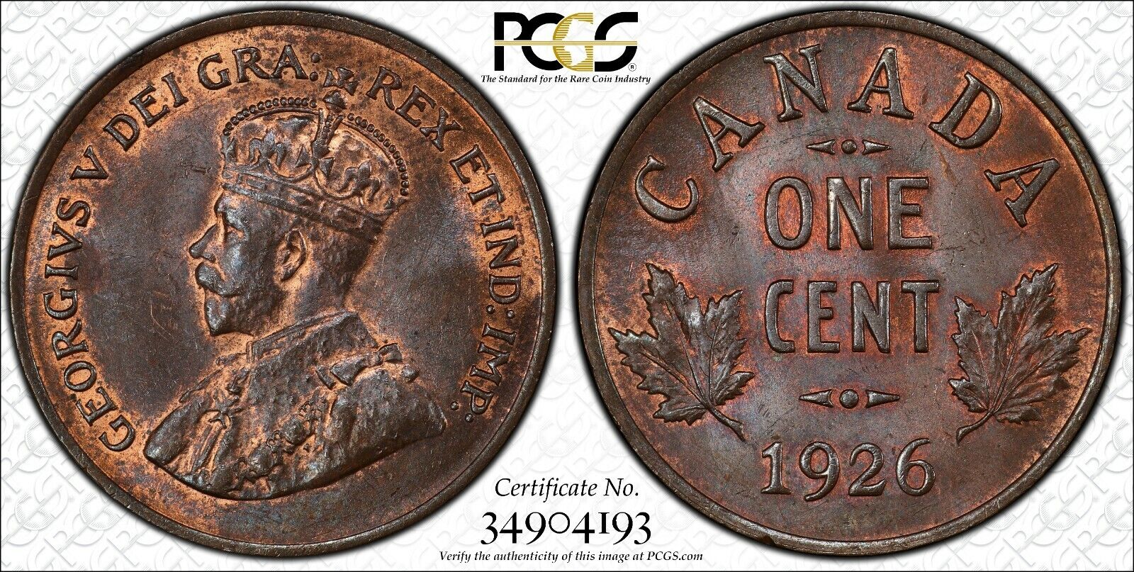 1926 Canada 1 Cent PCGS MS-65 BN. Extremely Rare Key Date