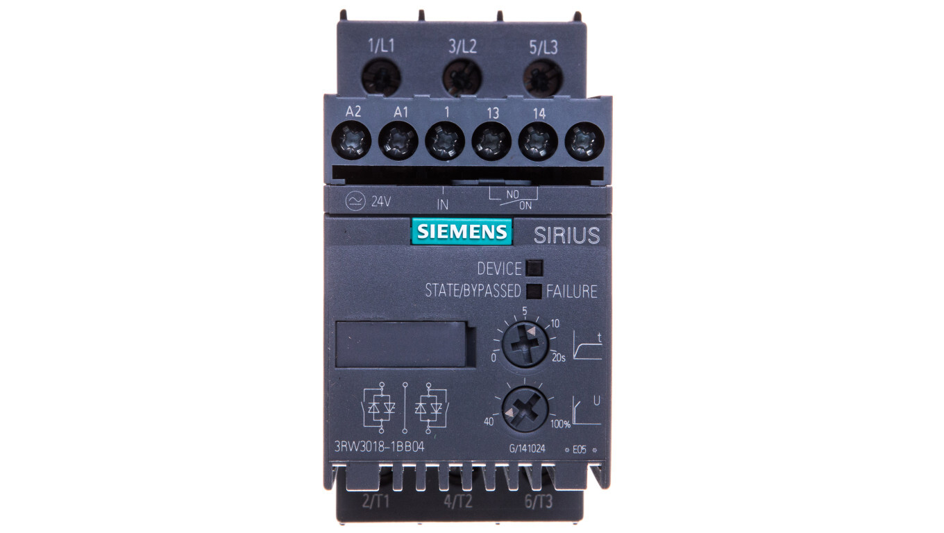 3-phase softstarter 200-480VAC 17.6A 7.5kW/400V Uc=24V AC/DC S00 3RW3018- /T2UK
