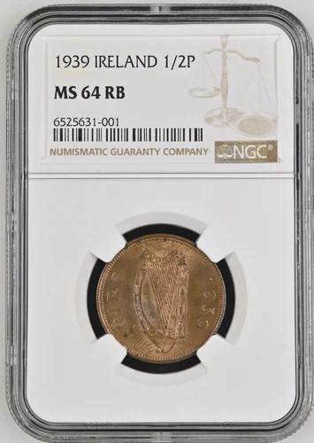 1939 IRELAND 1/2 PENNY NGC MS64 RB RARE KEY DATE NGC ONLY 6 FINER