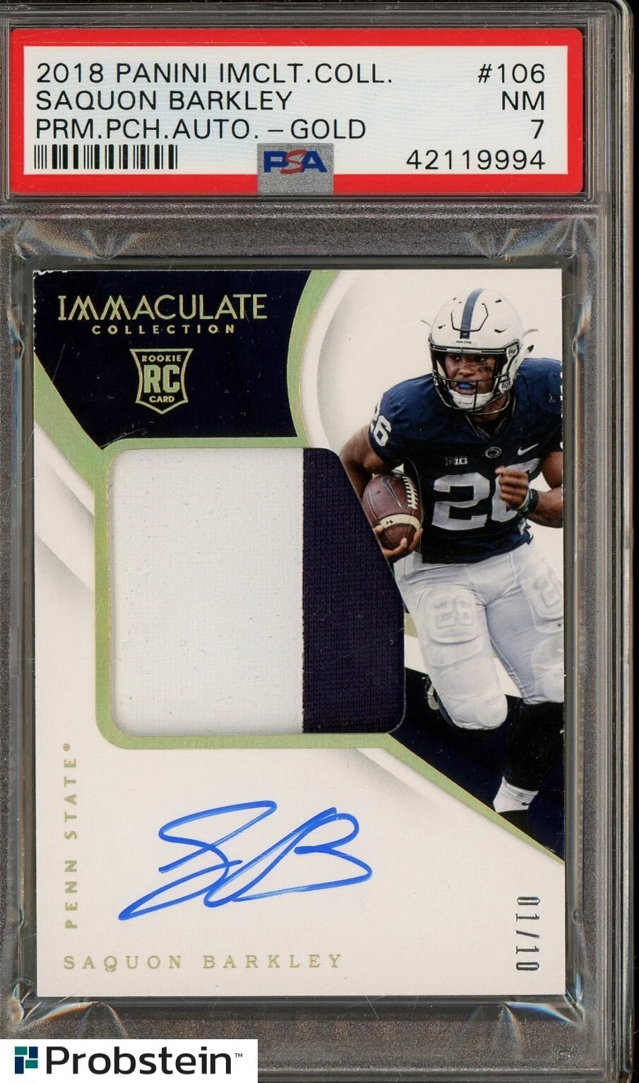 Saquon Barkley Panini Immaculate Collegiate #106 Premium Patch Autograph-Gold