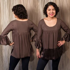 Anthropologie S Taupe 100% Silk satin top painter smock balloon sleeve pockets 