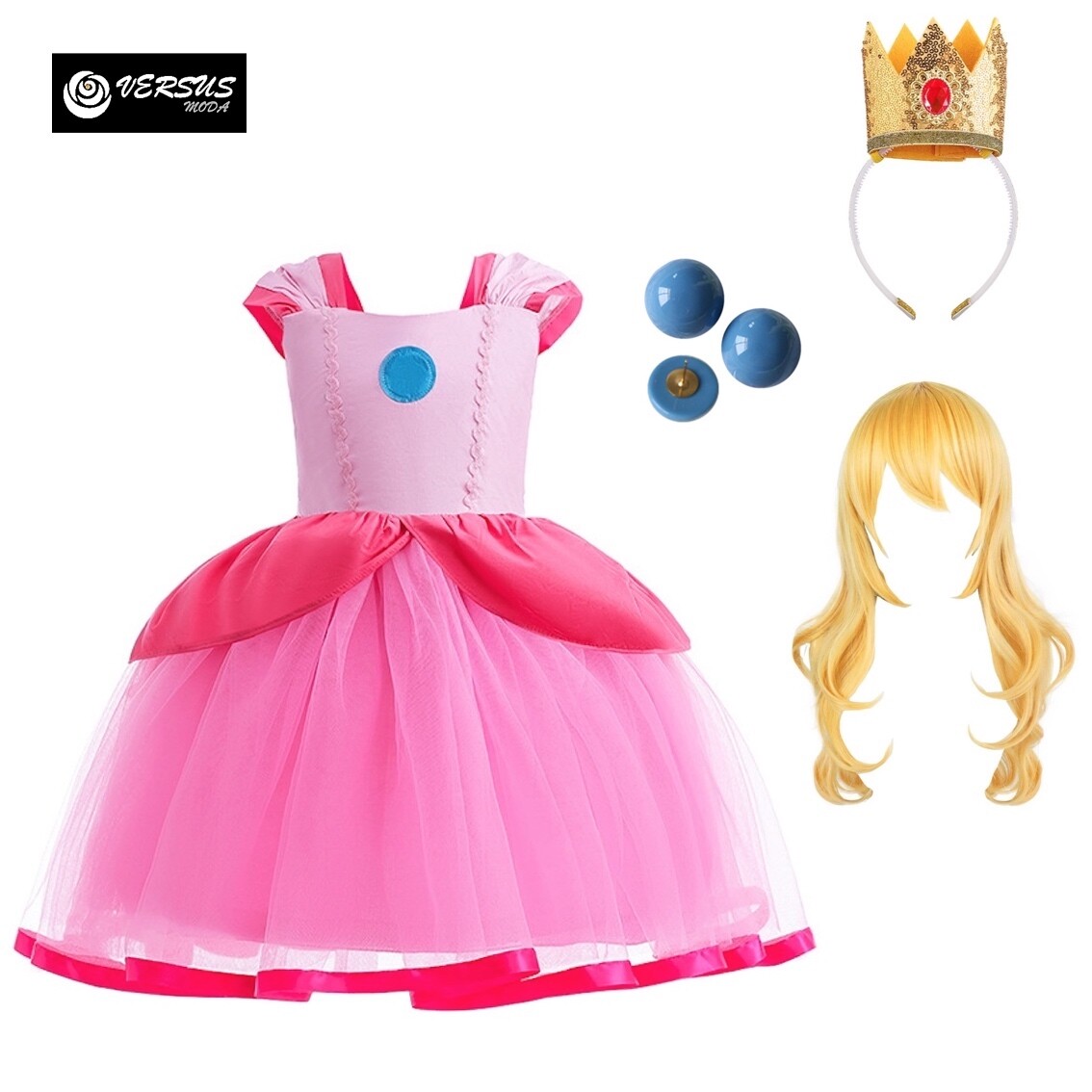 Simil Peach Costume Carnevale Compleanno Bambina Vestito Principessa PEACH05
