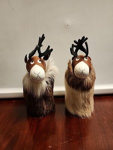 Vintage Fur Deer Helsinki Finland Wood Base Leather Antlers Lot Of 2 RARE