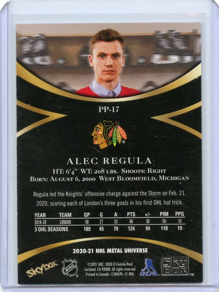 2020-21 Metal Universe Skybox Premium Prospects Star Sapphires PP17 Alec Regula - Image 2 of 2