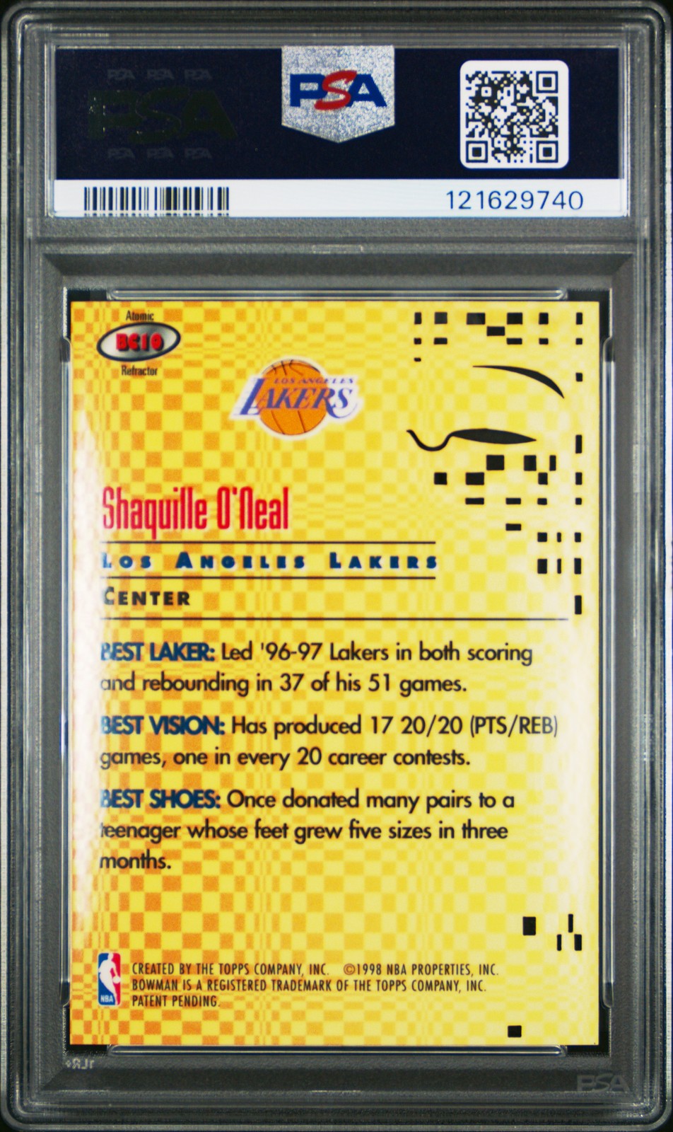 1997 BOWMAN'S BEST BEST CUTS ATOMIC REFRACTOR #BC10 SHAQUILLE O'NEAL PSA 9 view 2