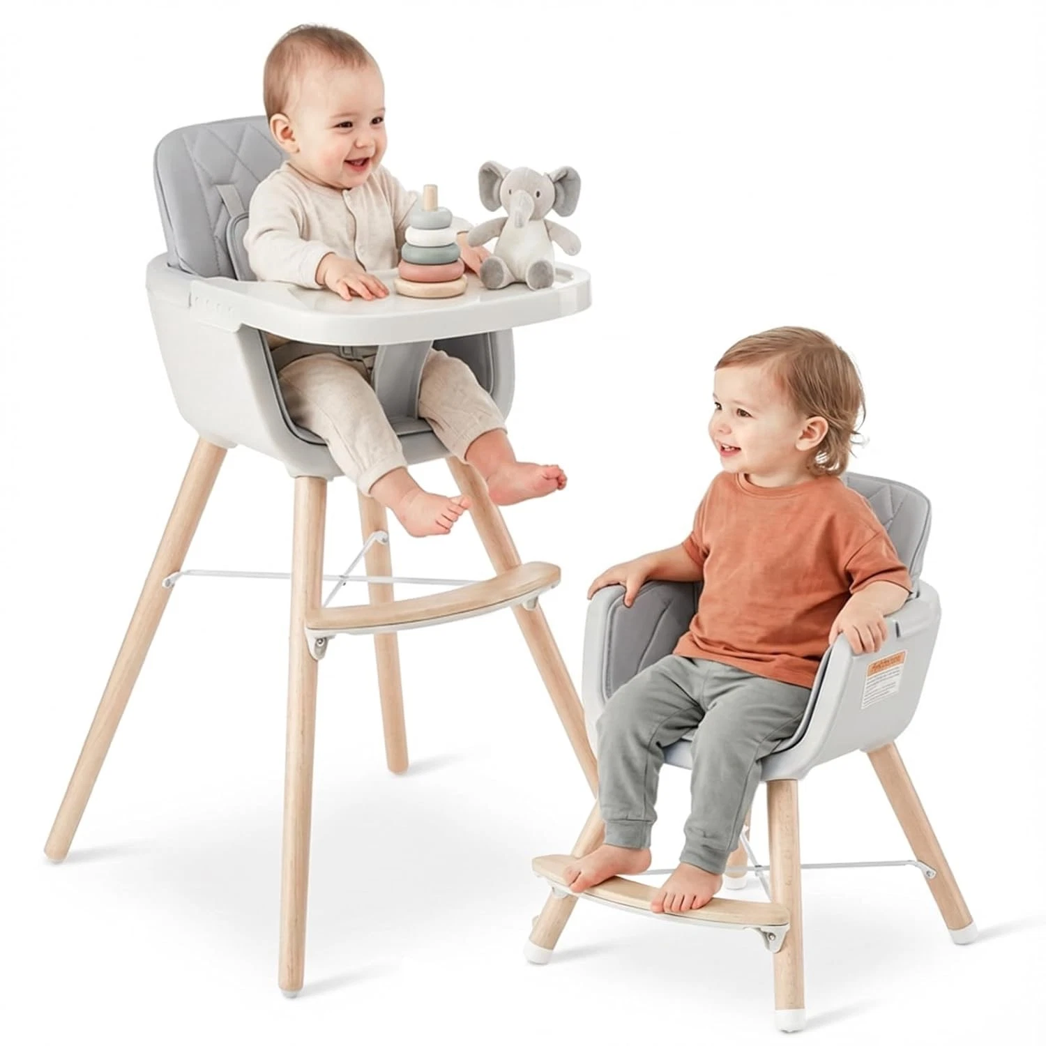 Mallify 3-in-1 Wooden Convertible Adjustable High Chair for Baby Toddler Grey