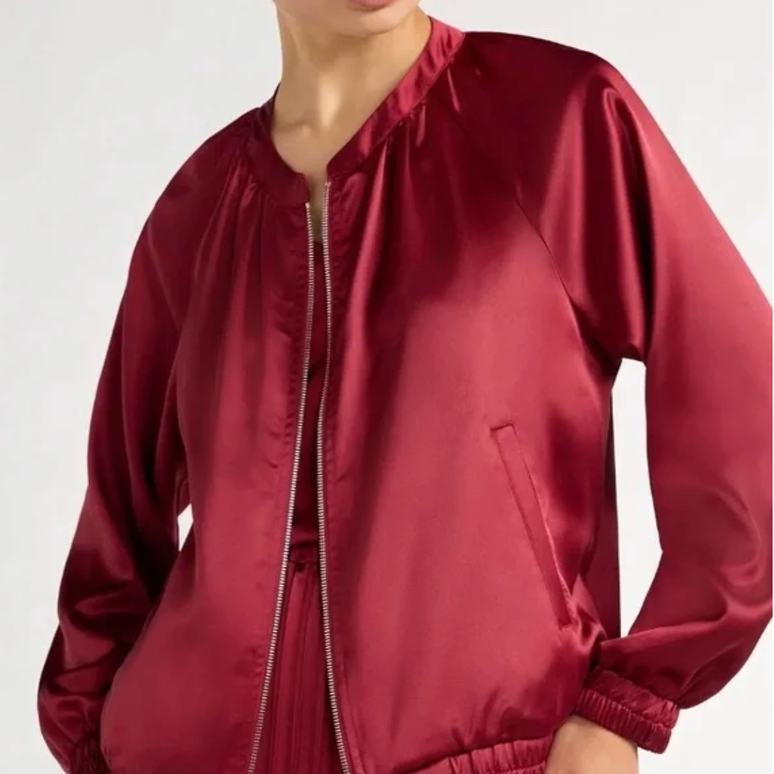 Scoop Women's Oversized Satin Bomber Jacket with Rouched Sleeves RedL-12-14