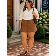 American Eagle Super Stretch X4 Corduroy Mini Skirt Tan Button Front Utility 14