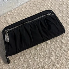 Vintage Black Cloth Leather BRIGHTON Zip-Around Wallet Silver Tone Hardware