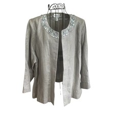 Chico's Metallic Linen Gray Silver Embellished Collar Blazer Women's Size Large