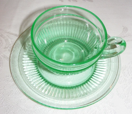 Vintage Green Depression Uranium Glass Cup Saucer Set Fine Ribbed Pattern