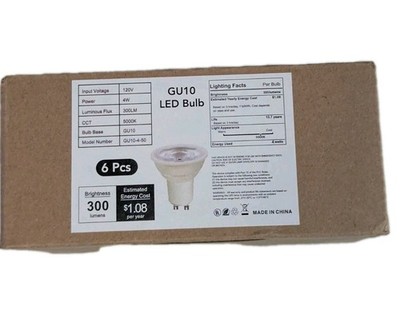6 Pack GU10 LED Bulbs 4W (50W Eq) 5000K Daylight White MR16 Shape 2-Pin Base