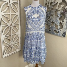 CALVIN KLEIN size 8 WHITE BLUE PAISLEY PRINT LINED SLEEVELESS SHIFT DRESS