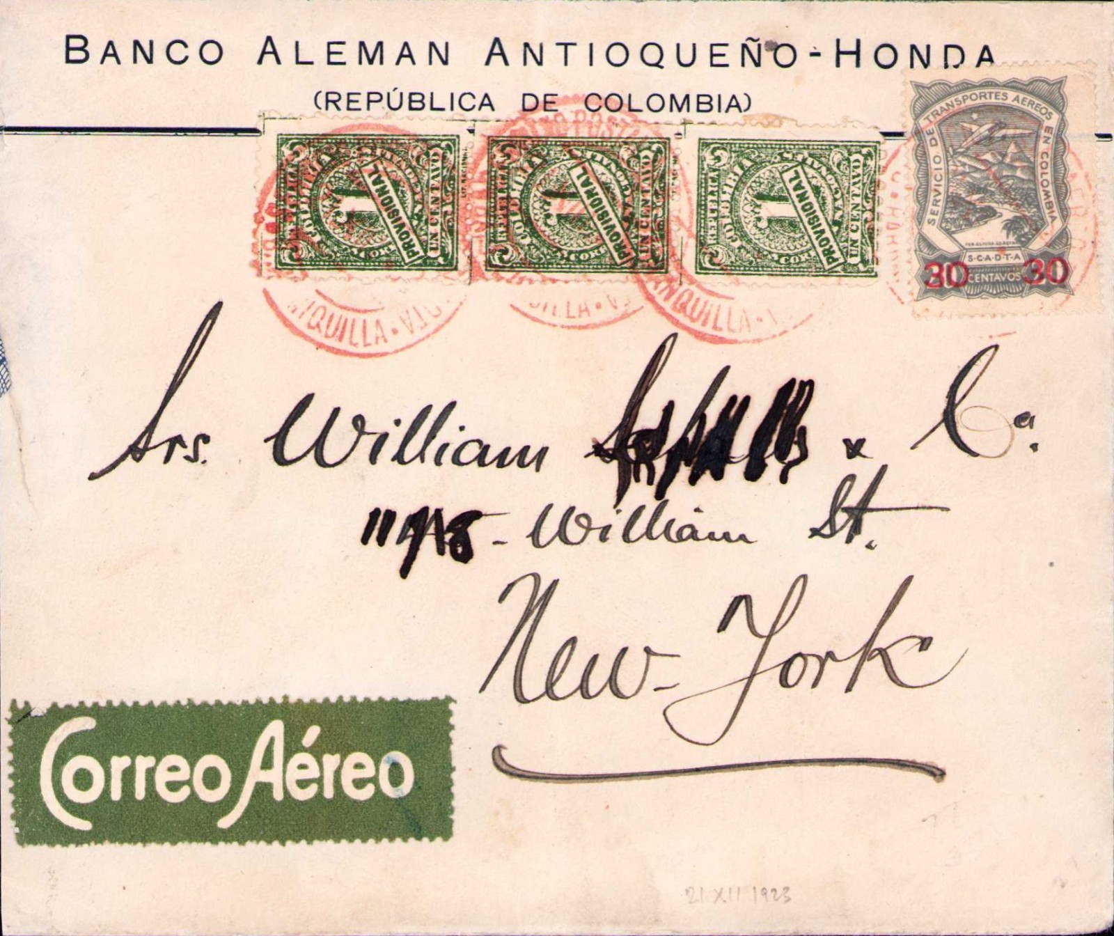 COLOMBIA - USA - SCADTA - 30c COVER - BARRANQUILLA to NEW YORK - 1923 RR