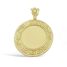 10K Yellow Gold Round Memory Picture Frame Pendant Greek Key Medallion Charm