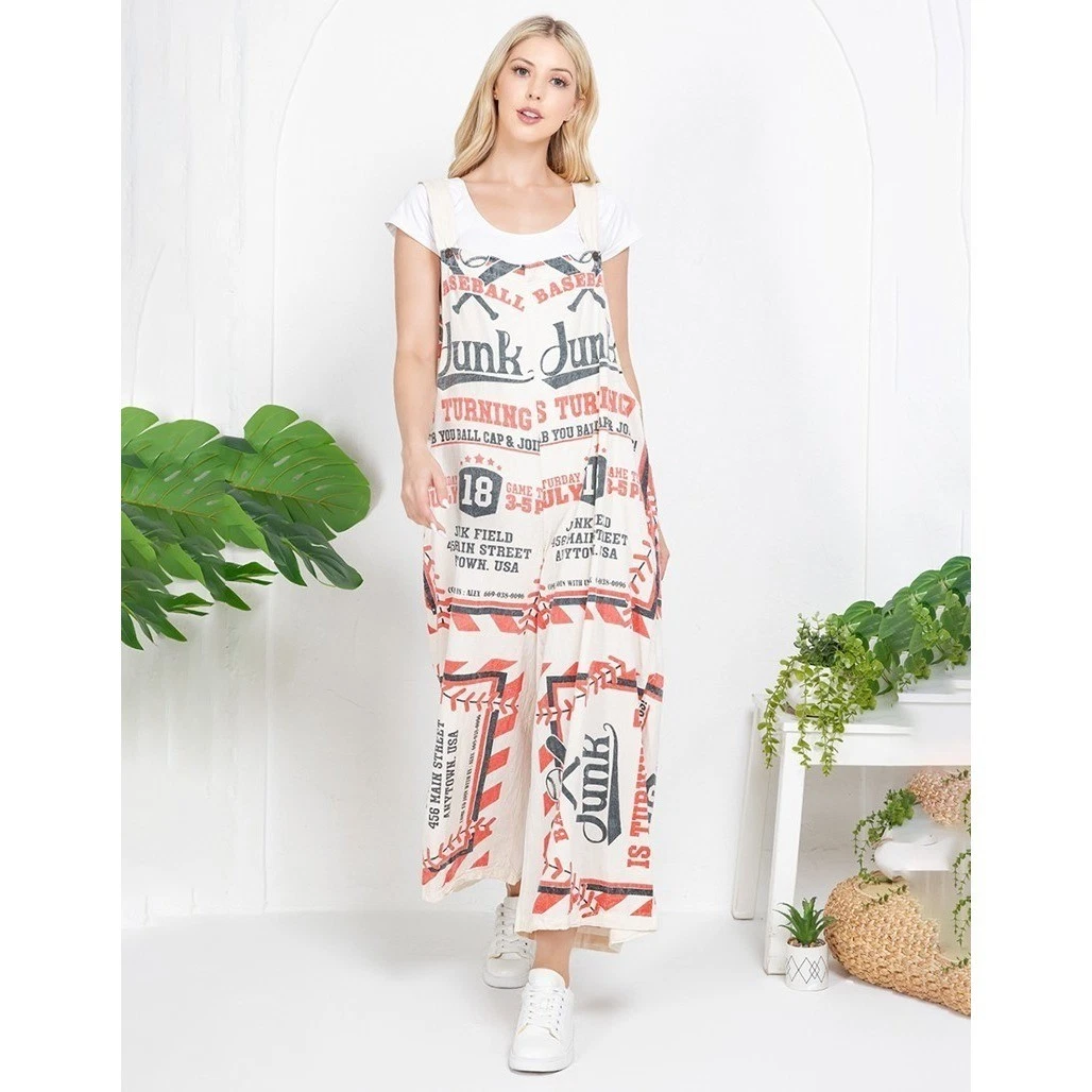 New Flour Sack Jumpsuit Overall M/L Baseball Cream Red Wide Leg Bib Cotton