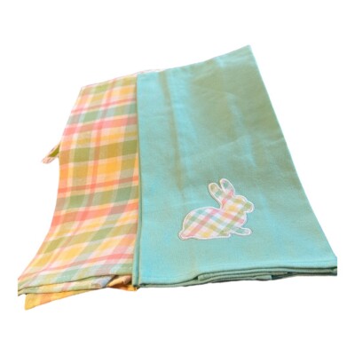 Beautiful Set Of Easter Kitchen Towels In Teal And Plaid With A Plaid Bunny