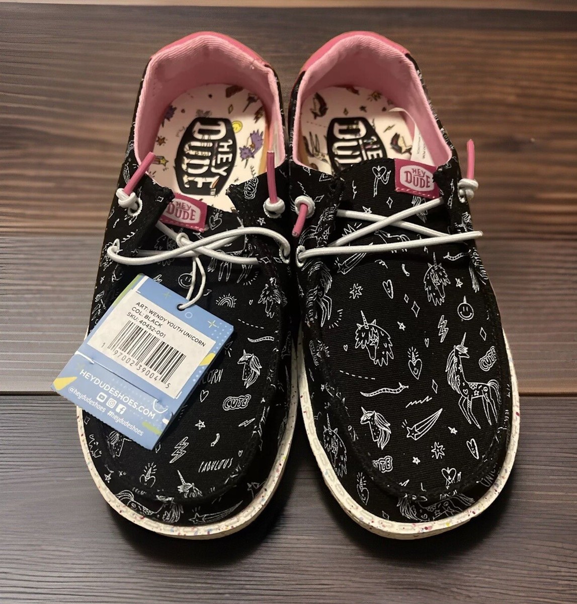 Hey Dude Wendy Youth Unicorn Black Lightweight Slip-On Girls Shoe Sz Y3-L4