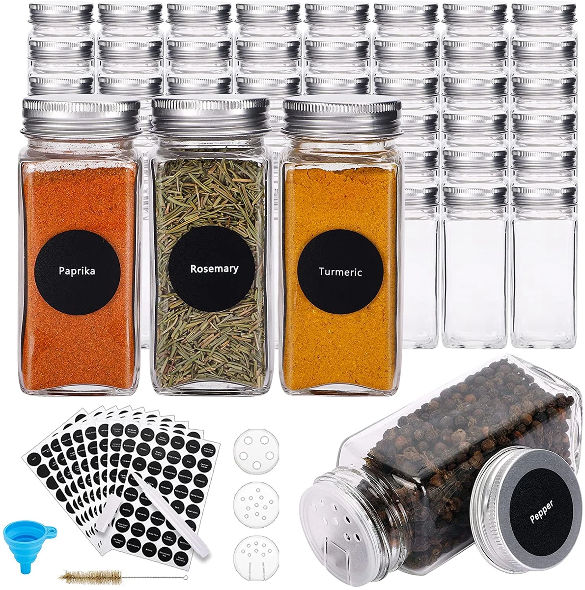 24 Pack Glass Spice Jars with Metal Lids, 4oz Empty Square Spice Containers  with Labels and Shaker Lids, Spice Bottles for Spice Rack, Cabinet, - Chalk  Marker,Cleaning Cloth and Funnel Included 