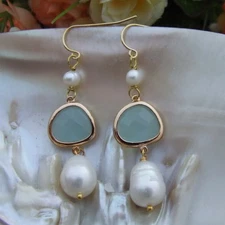 FC101612 10x13MM White Rice  Pearl Blue Glass Gold Plated Hook Earrings