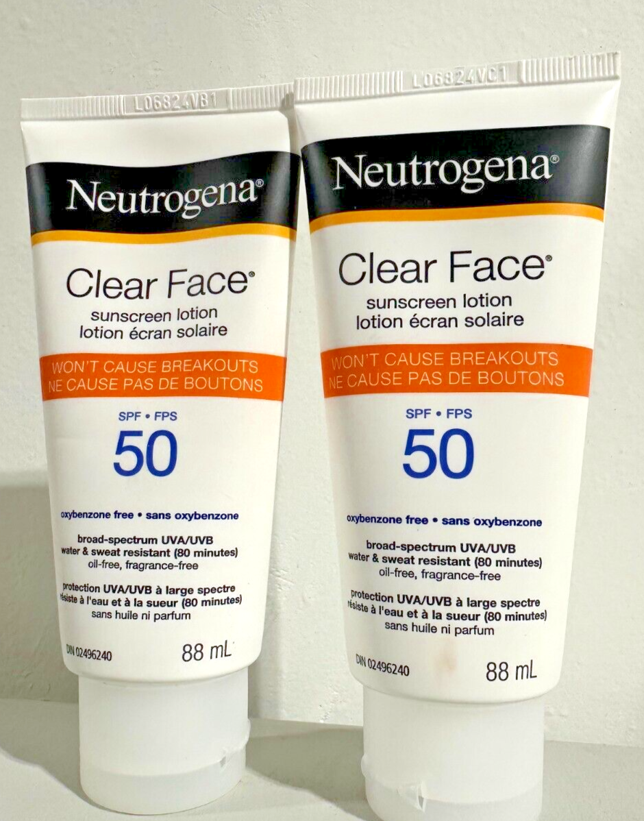 2pack Neutrogena Clear Face Breakout Free Oil Free Sunscreen SPF 50 3oz / 88ml