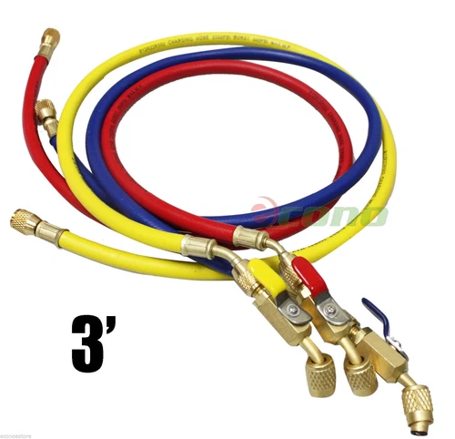 5ft R134a R410A R22 3 color HVAC AC Charging Hoses 1/4" Fitting w/ Ball Valves