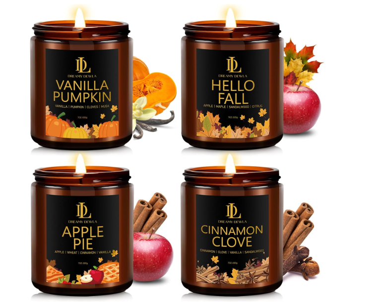 Fall Candle Set 4 Pack - Soy Candles in Pumpkin, Apple Pie & Vanilla Scents for Home