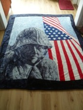 Large Heavy Patriotic Soft Plush Blanket 78" x 90" - American Flag  Soldier