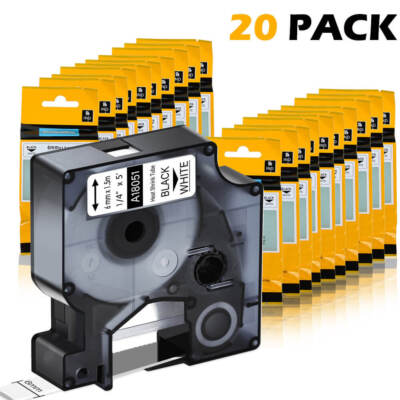 For DYMO 18051 Label Tape Black on White 1/4'' with DYMO Rhino 4200 5200 6000 ×20