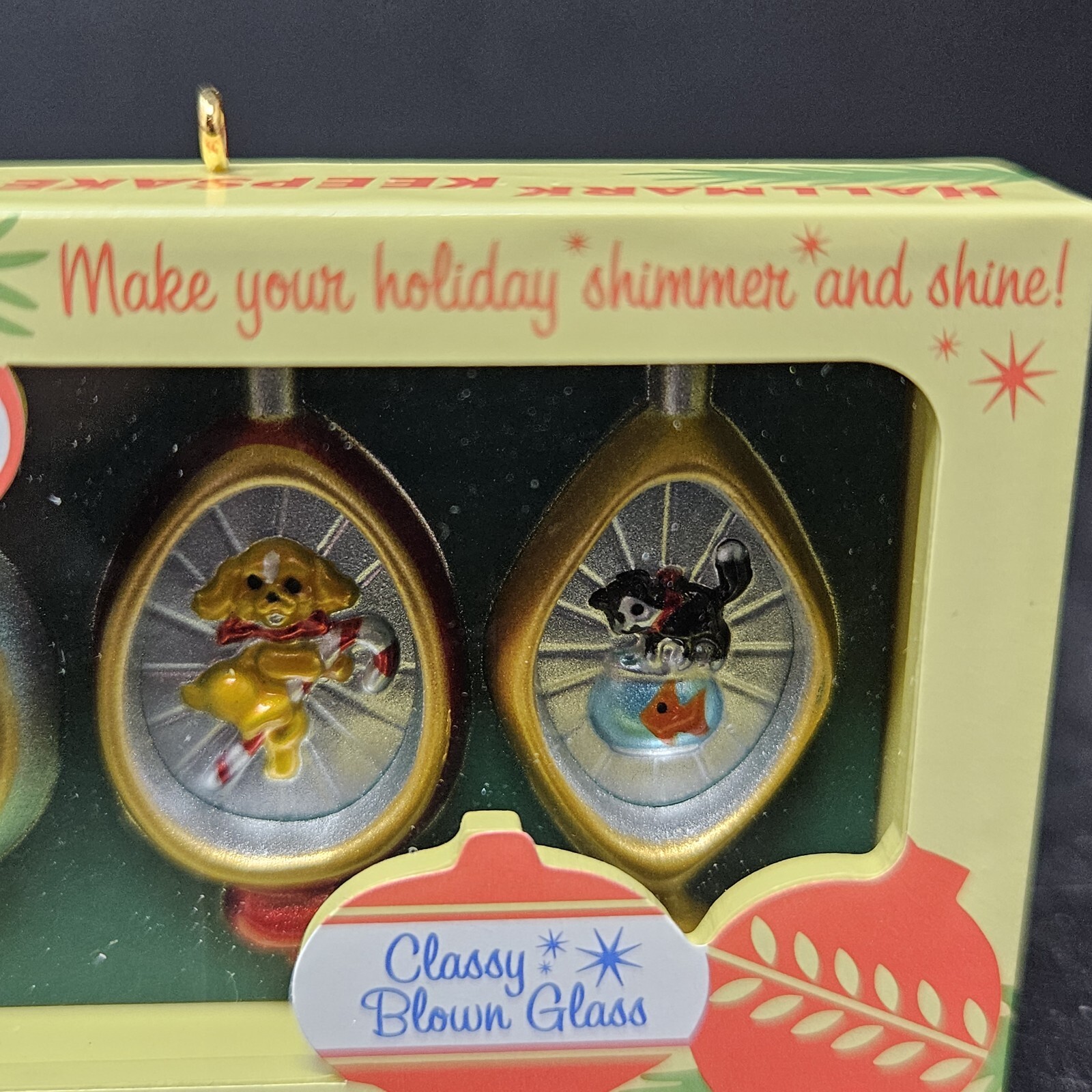 Hallmark Nifty Fifties Keepsake Glass Ornaments Indented w/Cats & Dogs