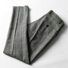 Men Herringbone Tweed Pants vintage British Check Wool Blend Straight Trousers